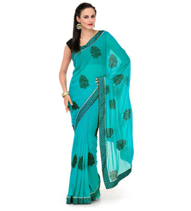 Turquoise Faux Chiffon Saree