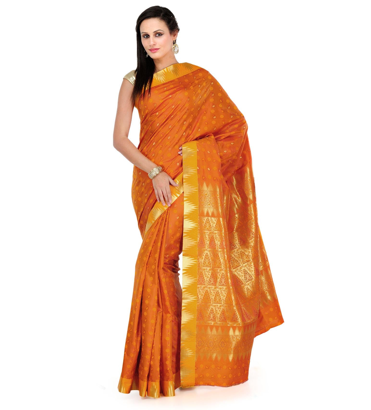 Orange Art Silk Saree with Temple Border