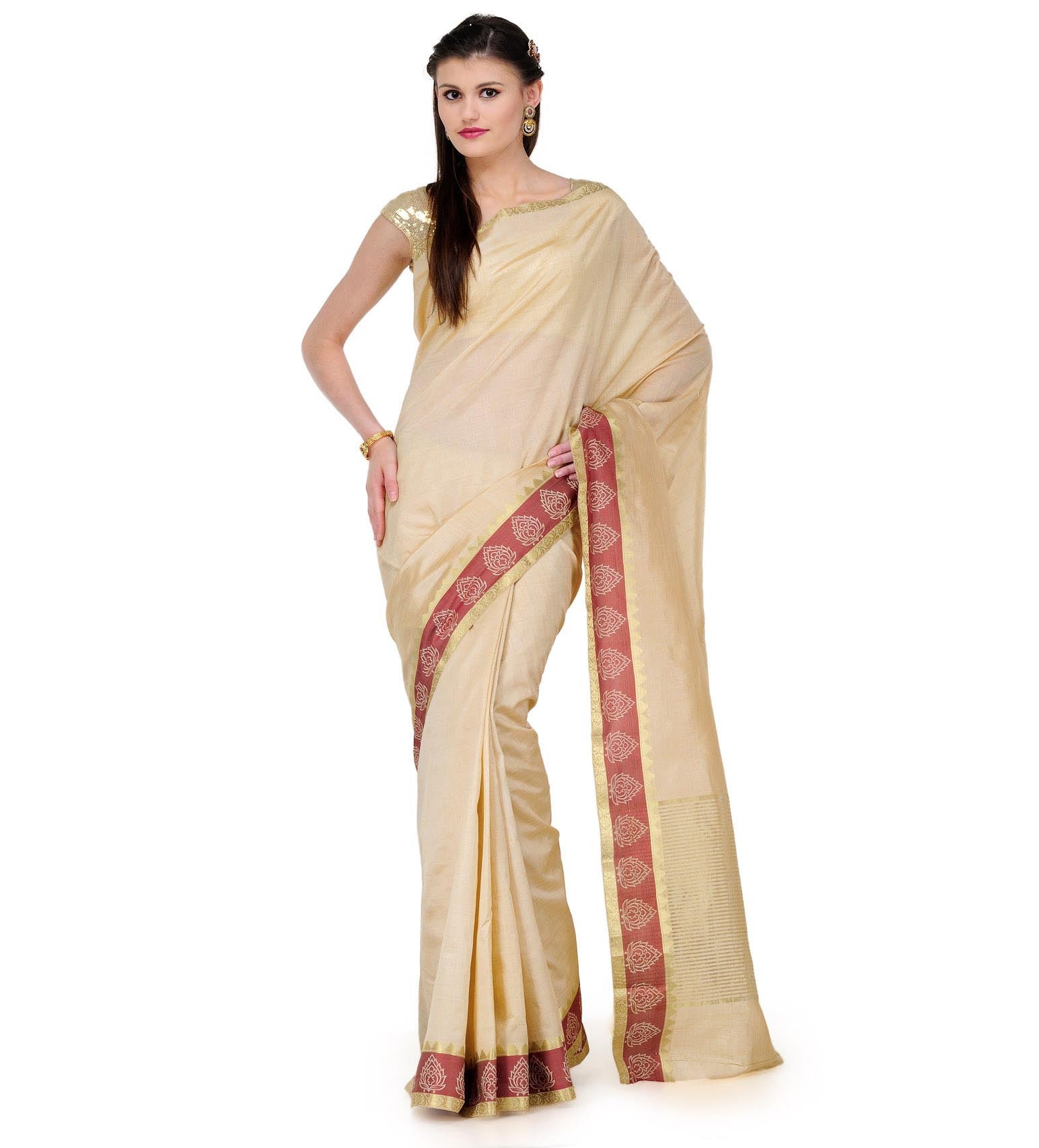 Beige Dupion Silk Saree