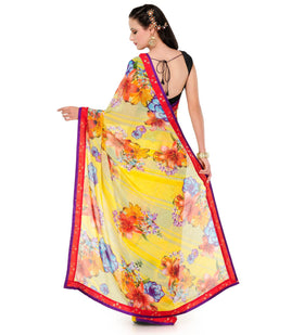 Yellow Faux Georgette Printed Saree