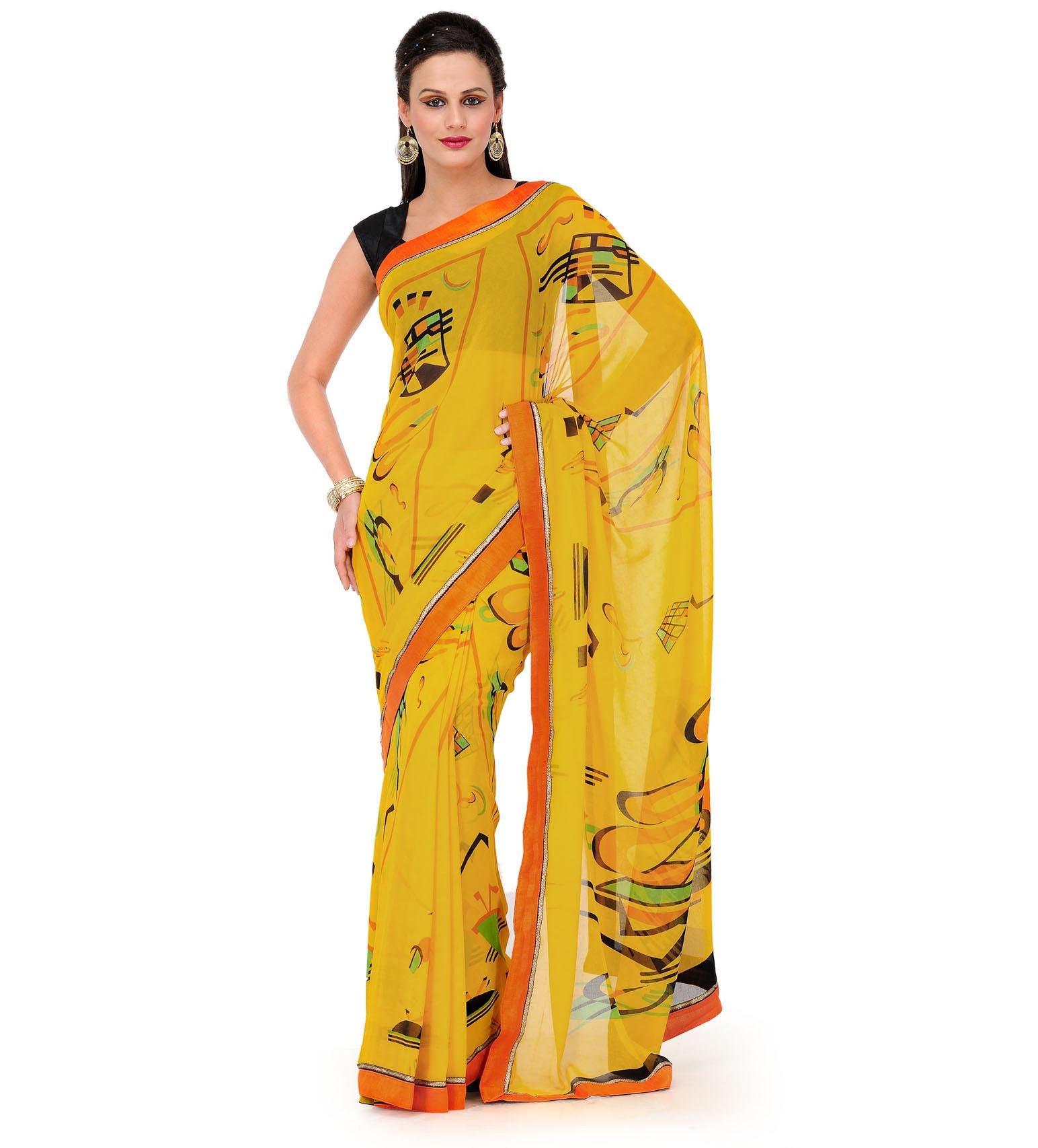 Yellow Faux Georgette Printed Saree