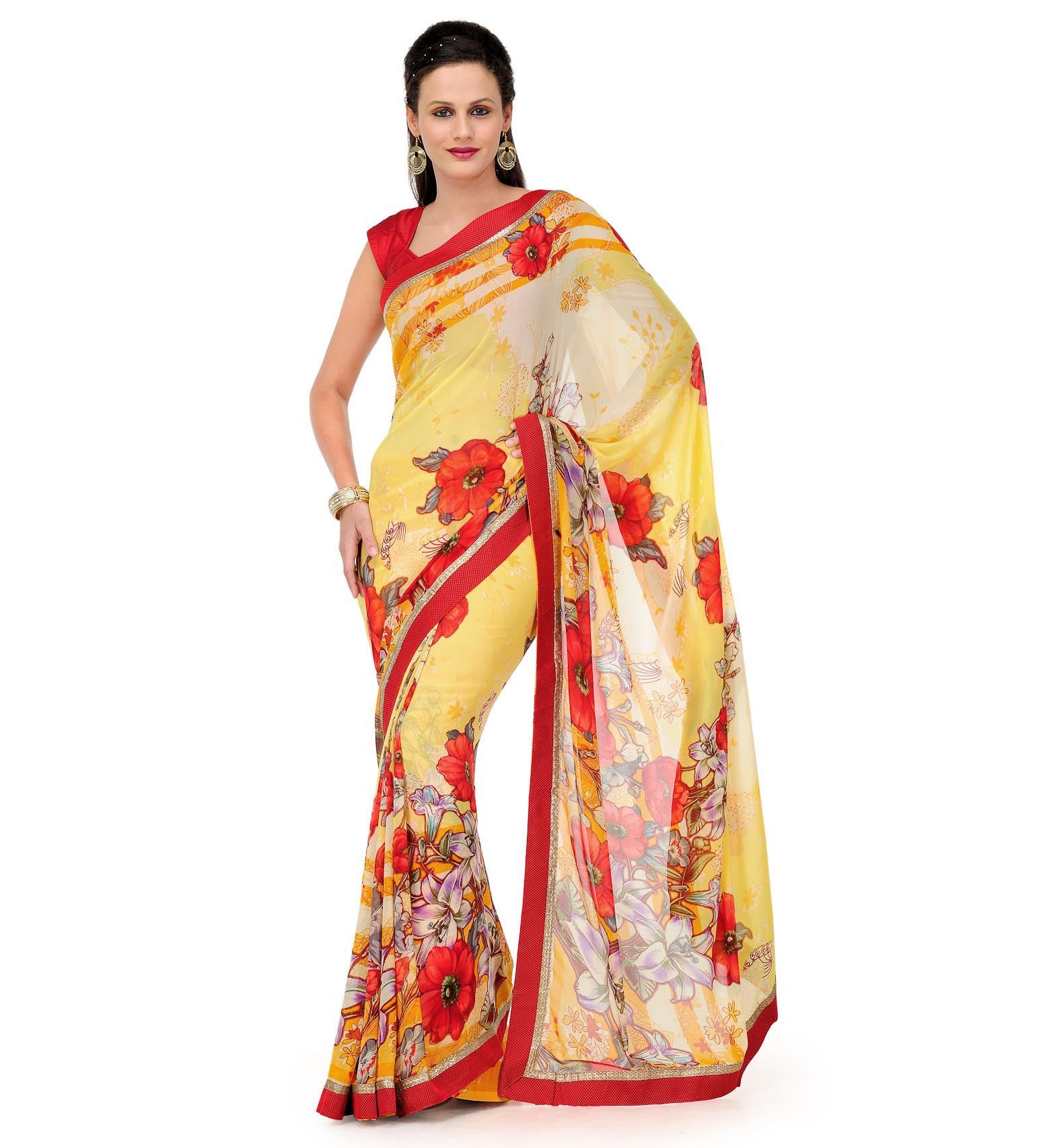 Yellow Faux Chiffon Printed Saree