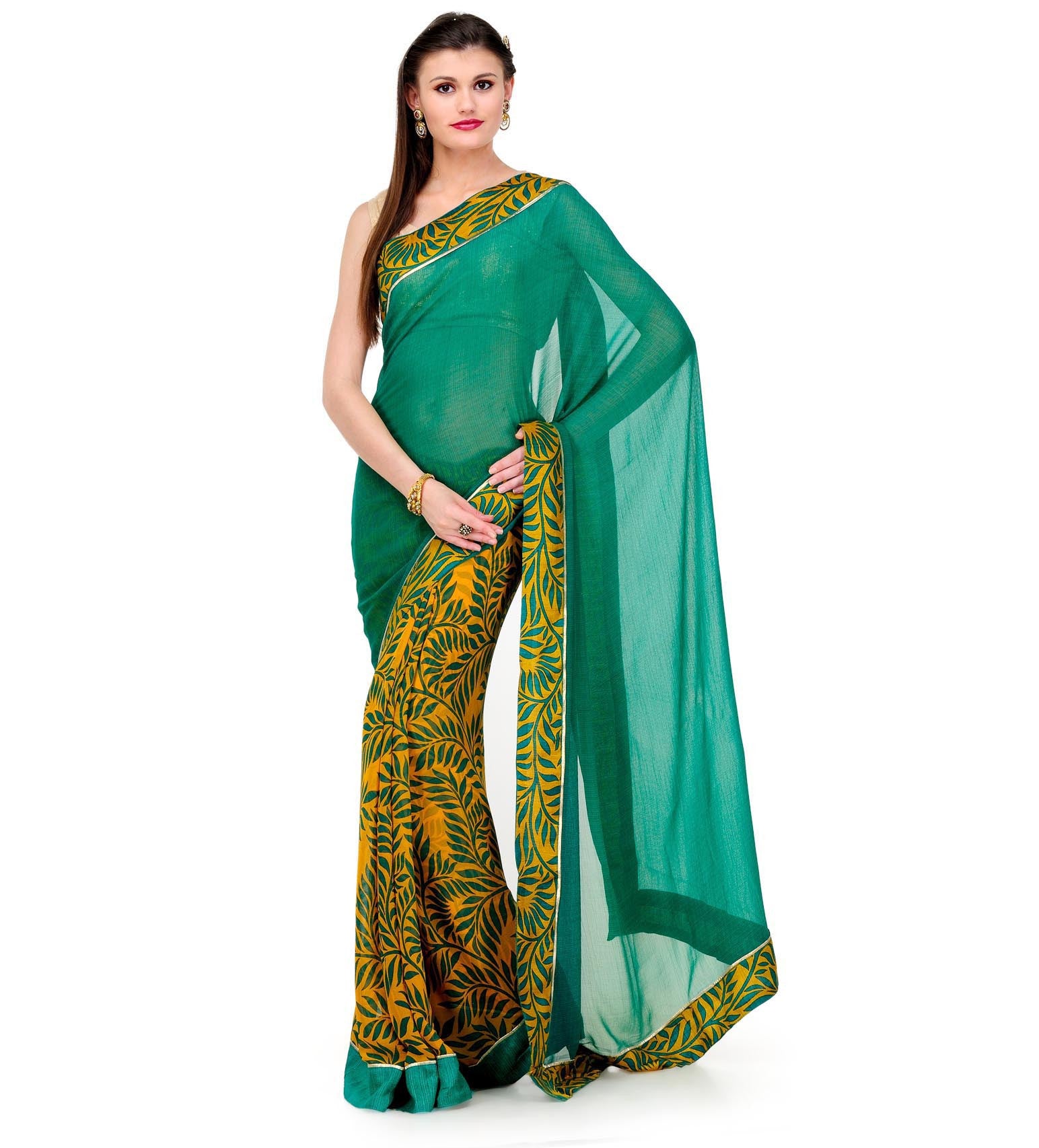 Green & Yellow Faux Chiffon Saree