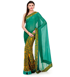 Green & Yellow Faux Chiffon Saree