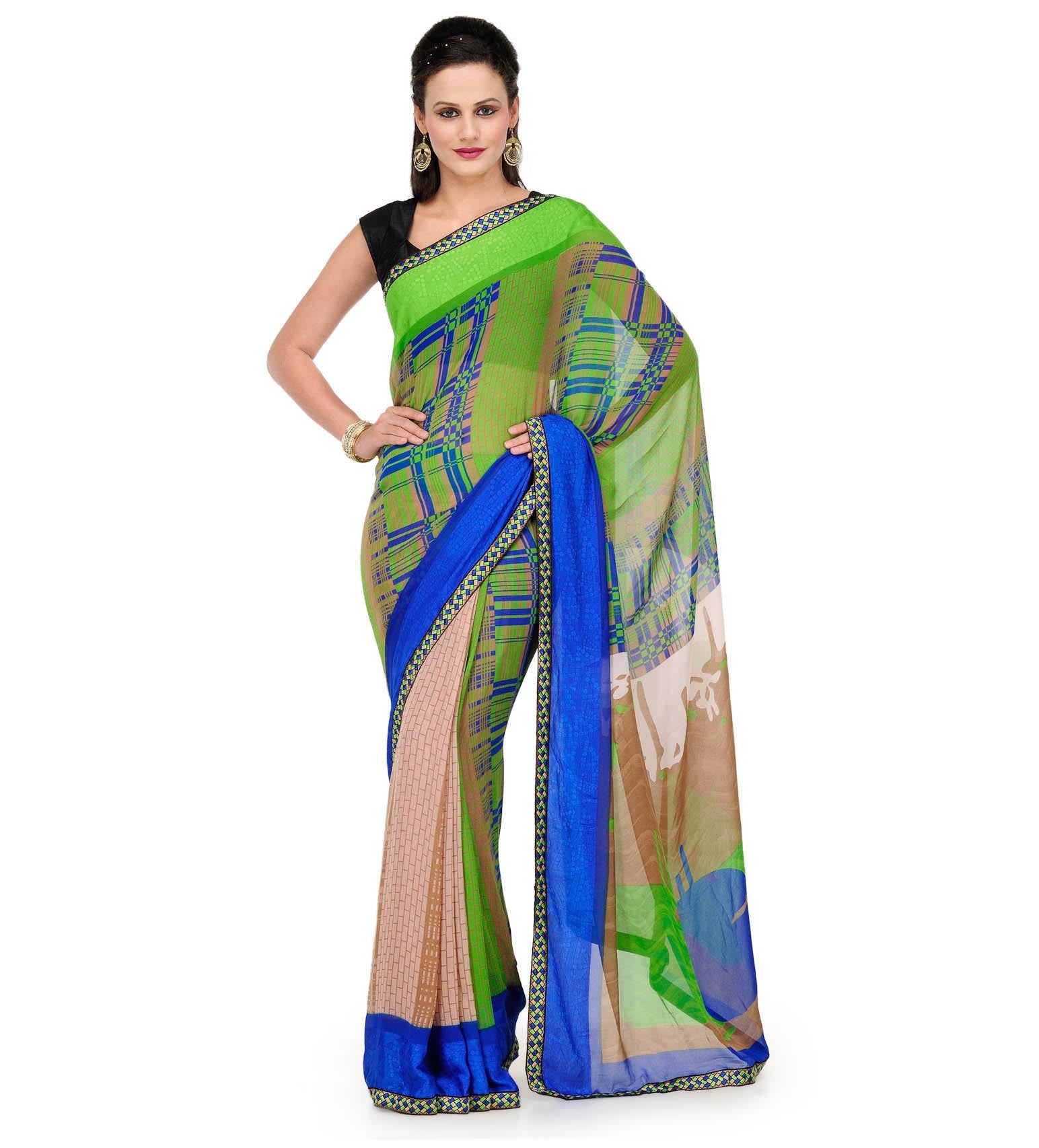 Green & Fawn Faux Georgette Saree