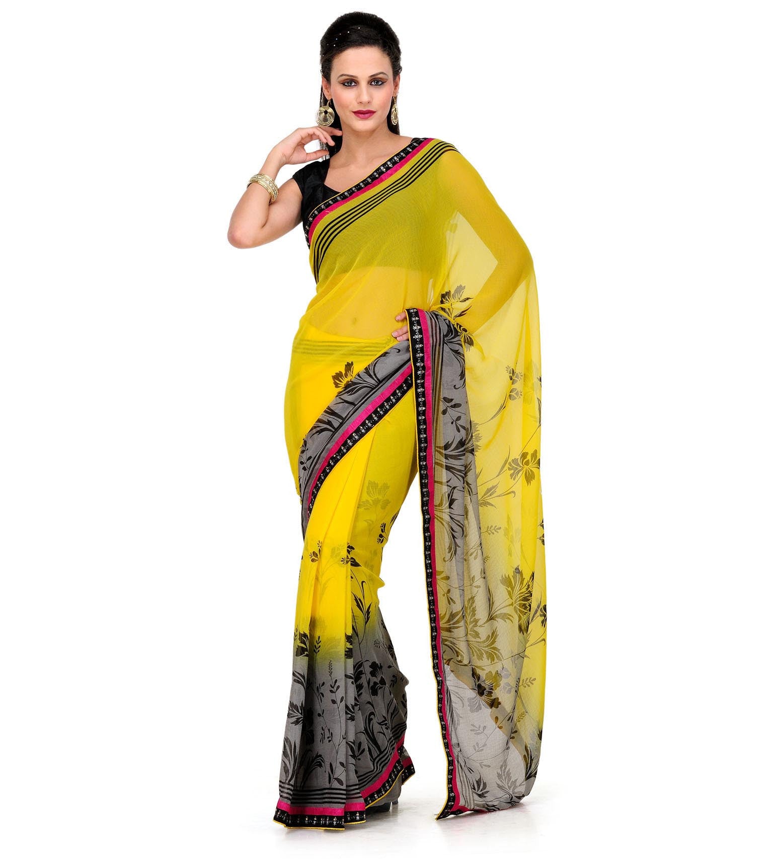 Yellow & Grey Faux Chiffon Saree