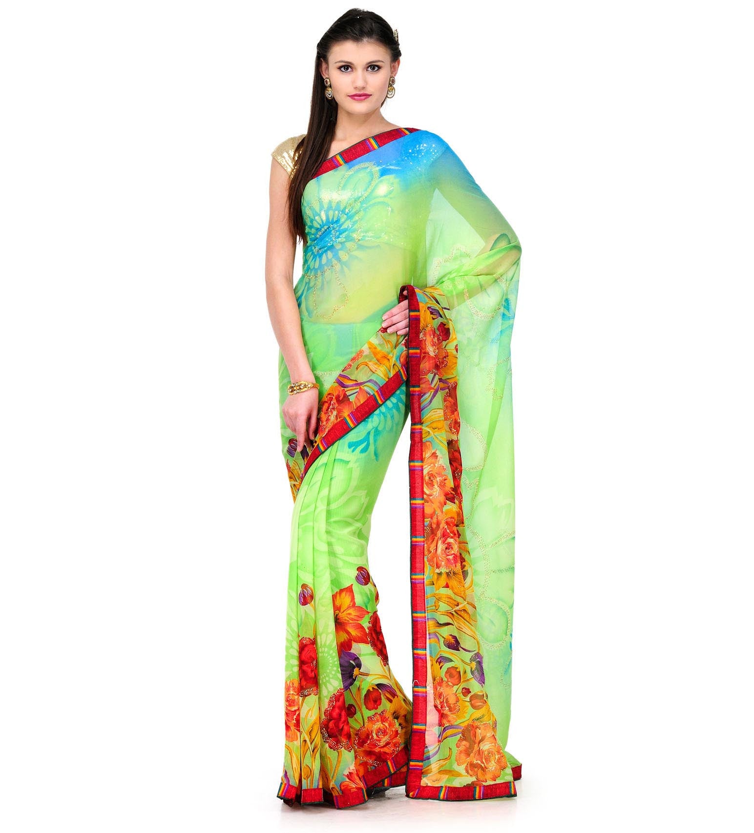 Green Faux Chiffon Printed Saree