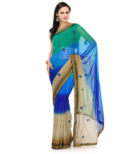 Green & Blue Shaded Faux Chiffon Saree