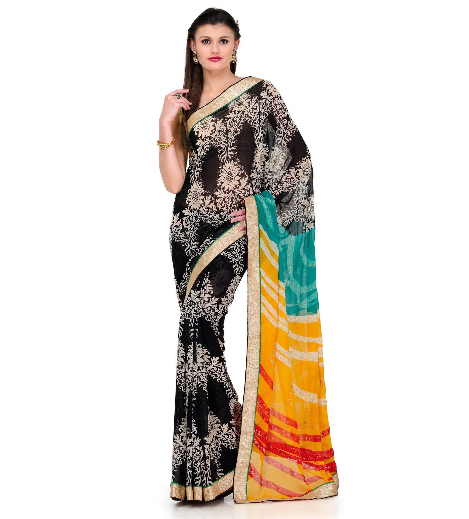 Black Faux Georgette Printed Saree