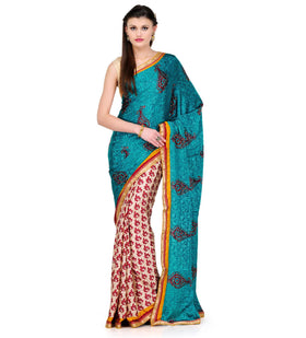 Sea Blue & Beige Semi Crepe Saree