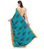 Sea Blue & Beige Semi Crepe Saree