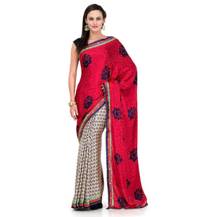 Maroon & Beige Semi Crepe Saree