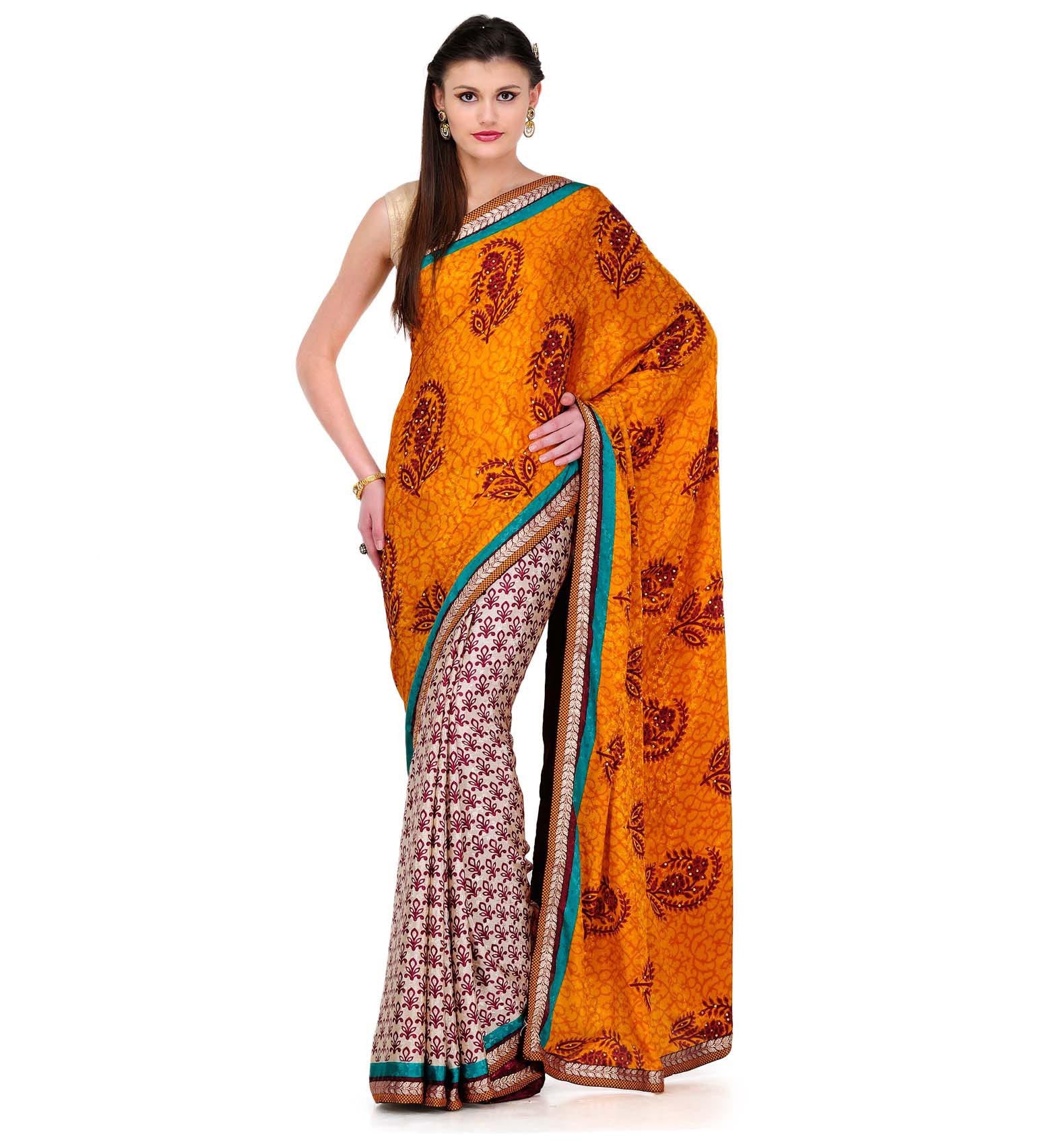 Mustard & Beige Semi Crepe Saree