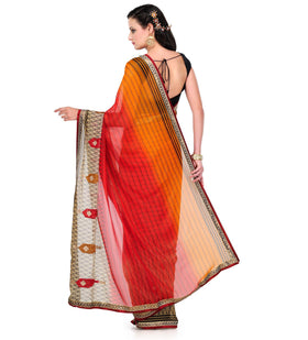 Orange & Maroon Shaded Faux Chiffon Saree