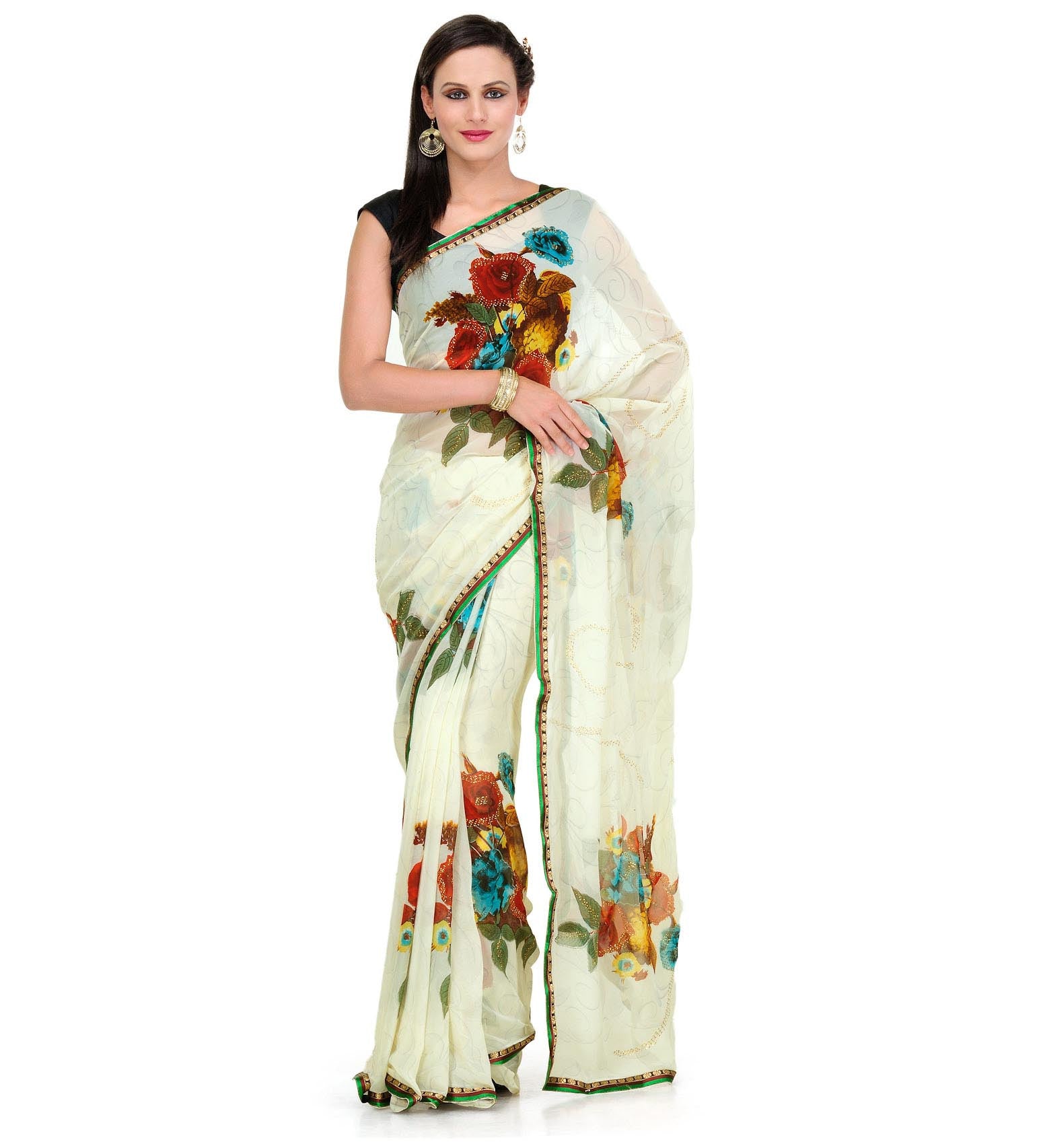 Off White Faux Georgette Printed Saree