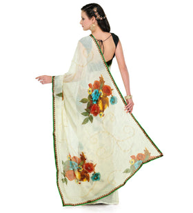 Off White Faux Georgette Printed Saree