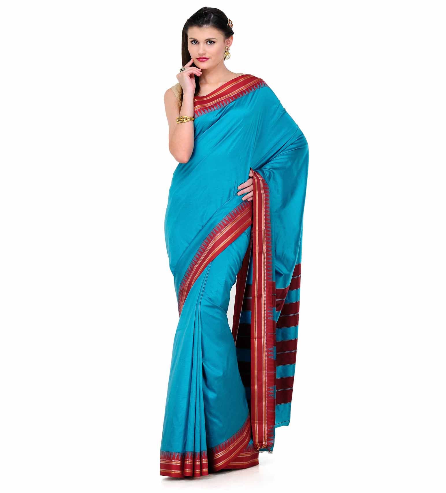 Turquoise Art Silk Saree with Temple Border