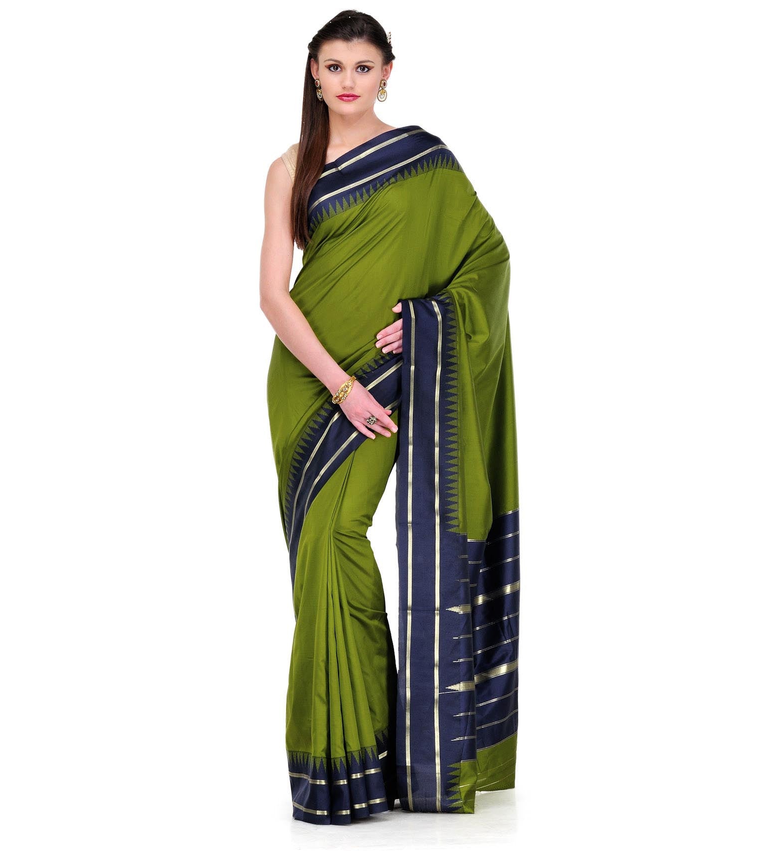 Olive Art Silk Saree with Temple Border