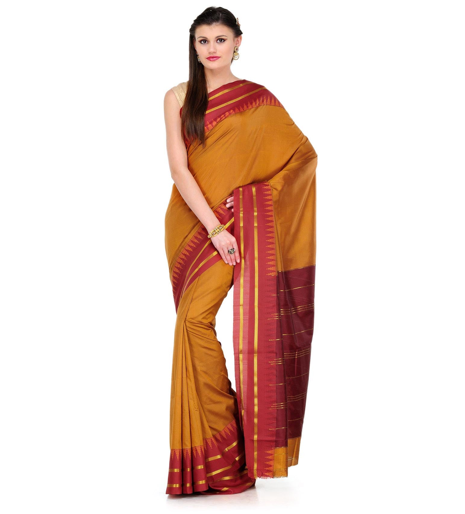 Mustard Art Silk Saree with Temple Border