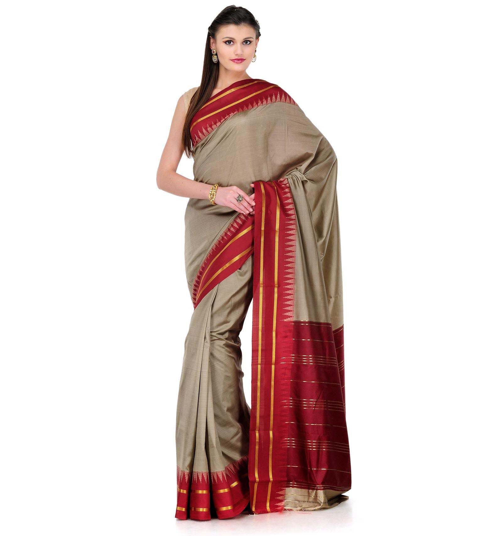 Grey Art Silk Saree with Temple Border