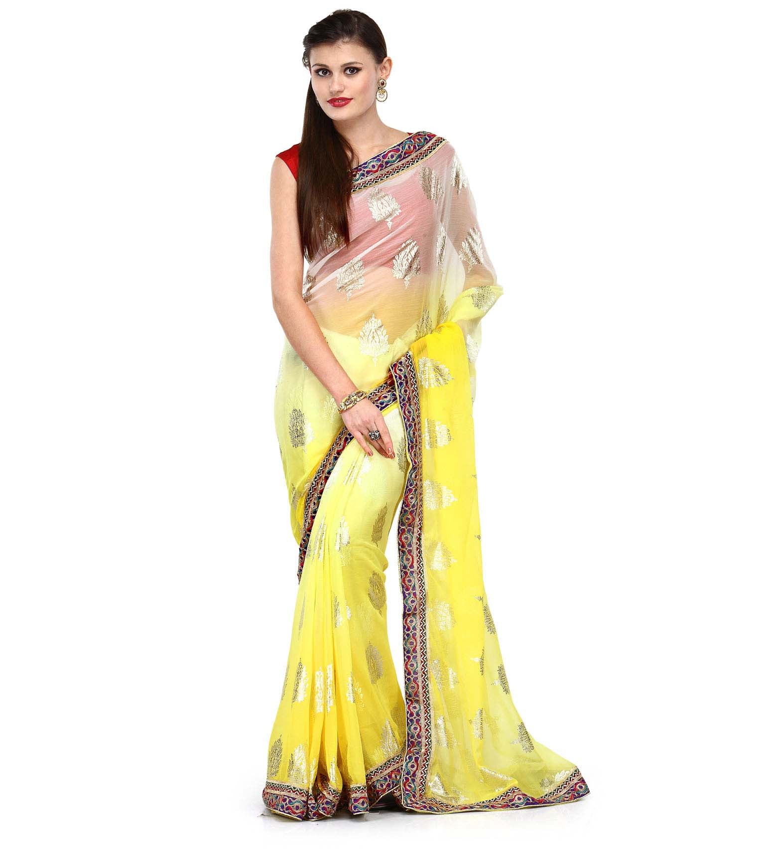 Off White & Yellow Faux Chiffon Saree