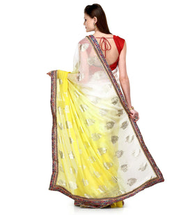 Off White & Yellow Faux Chiffon Saree