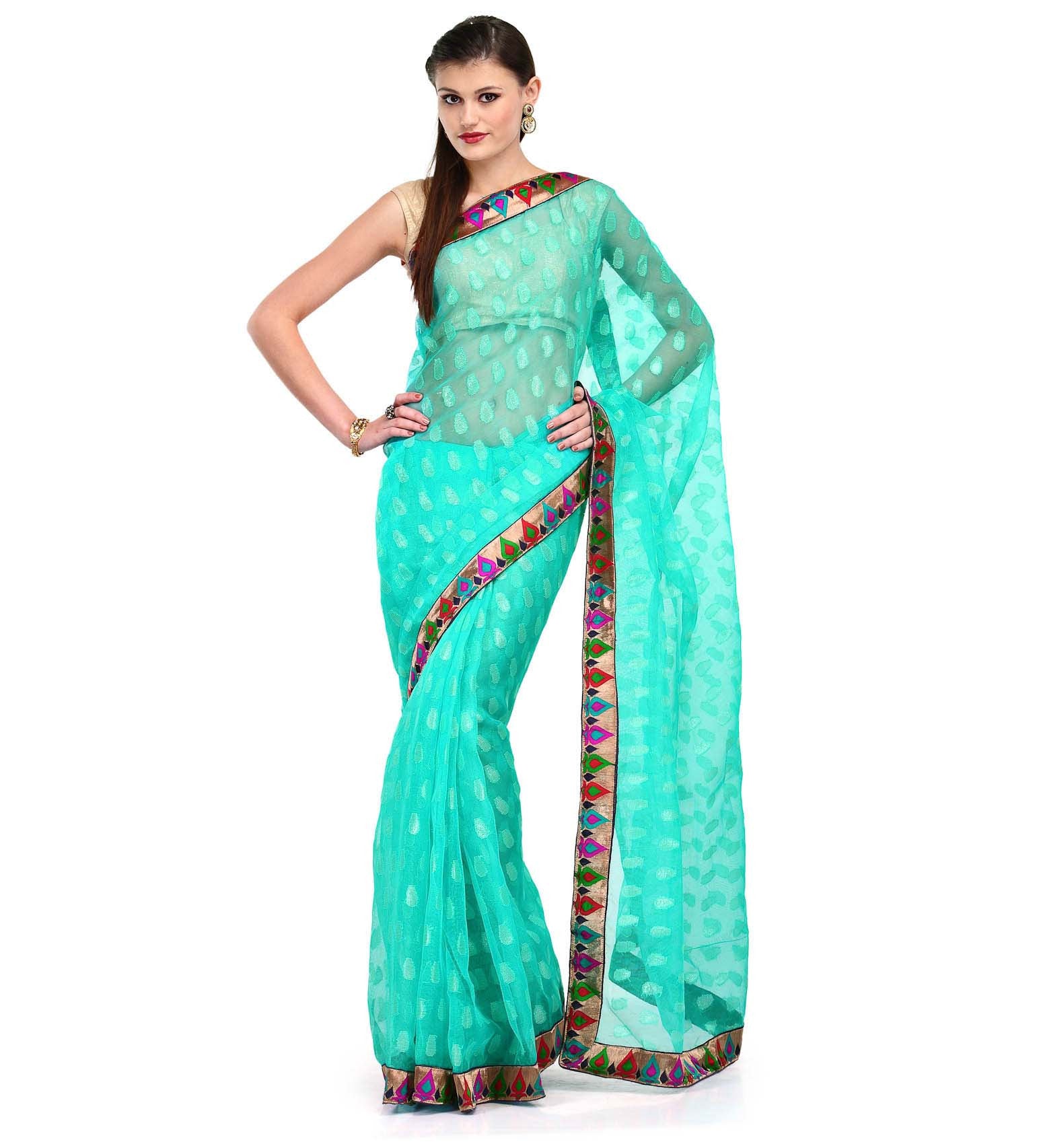 Sea Green Net Saree with Brocade Border