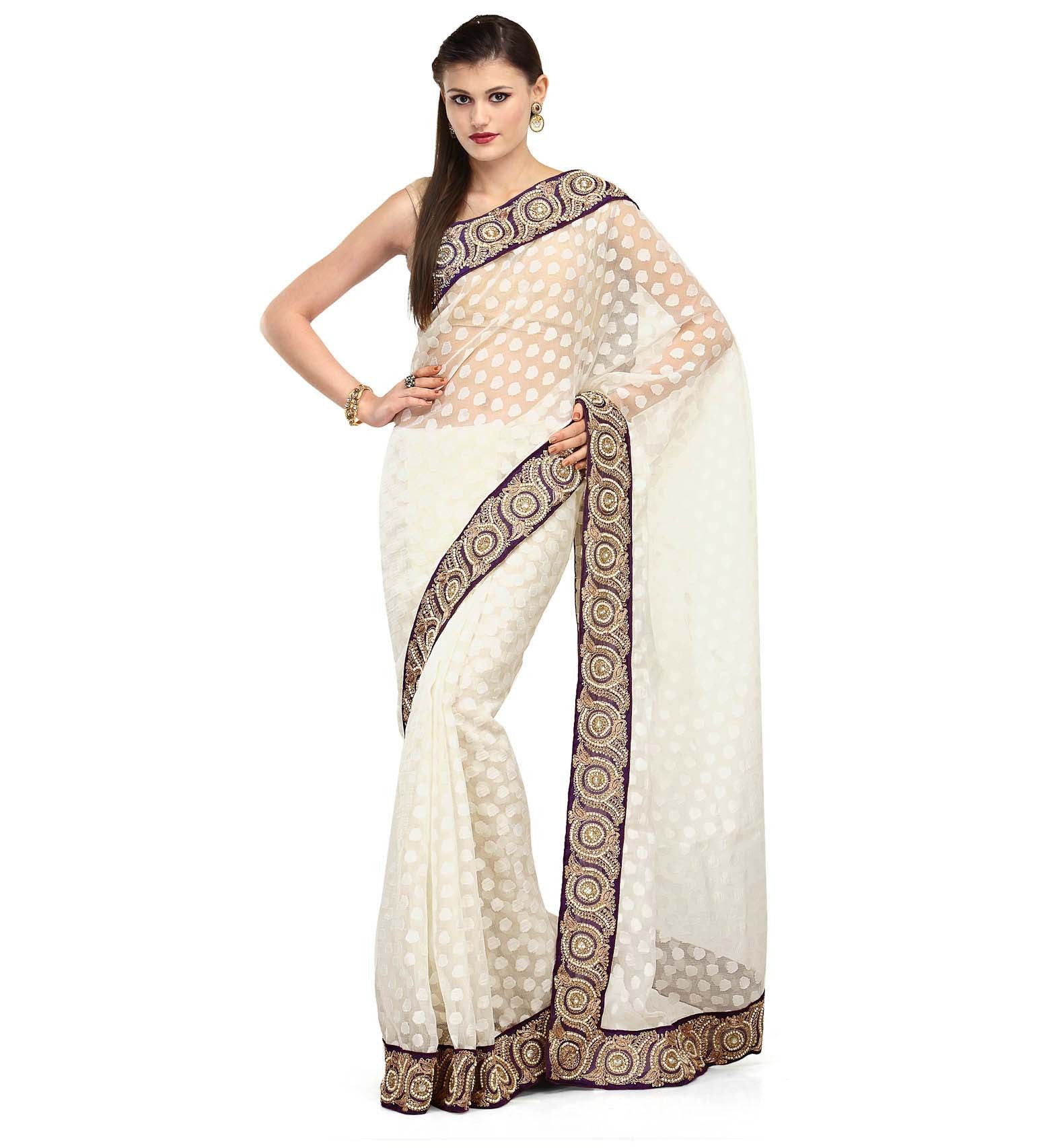 Off White Faux Chanderi Saree