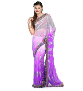 Off White & Purple Faux Chiffon Saree