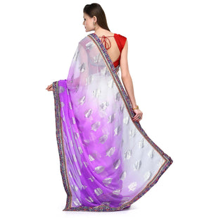 Off White & Purple Faux Chiffon Saree