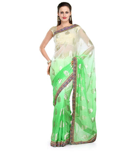 Off White & Green Faux Chiffon Saree