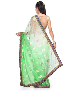 Off White & Green Faux Chiffon Saree