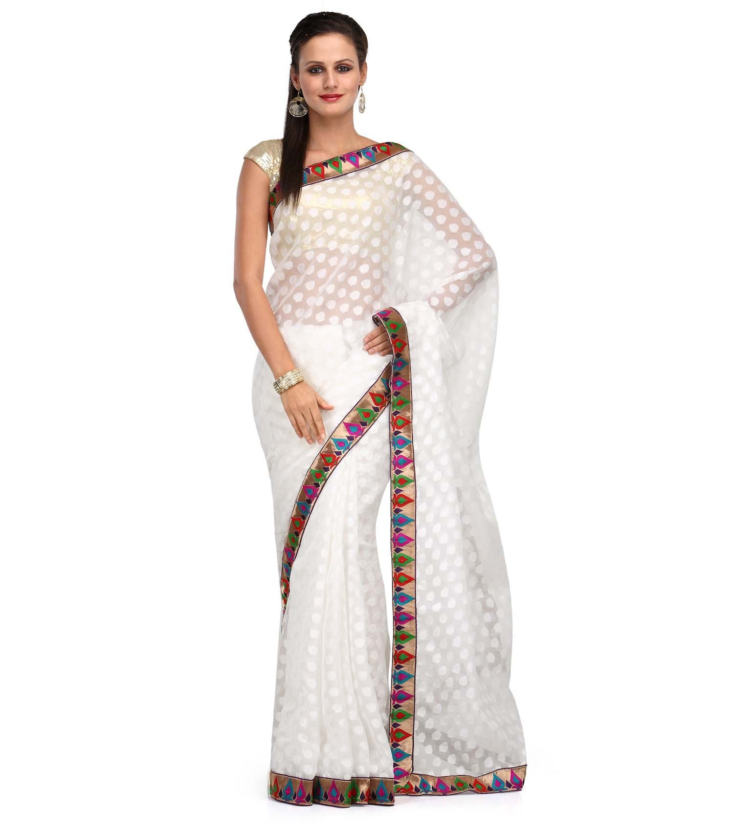 Off White Faux Chanderi Saree