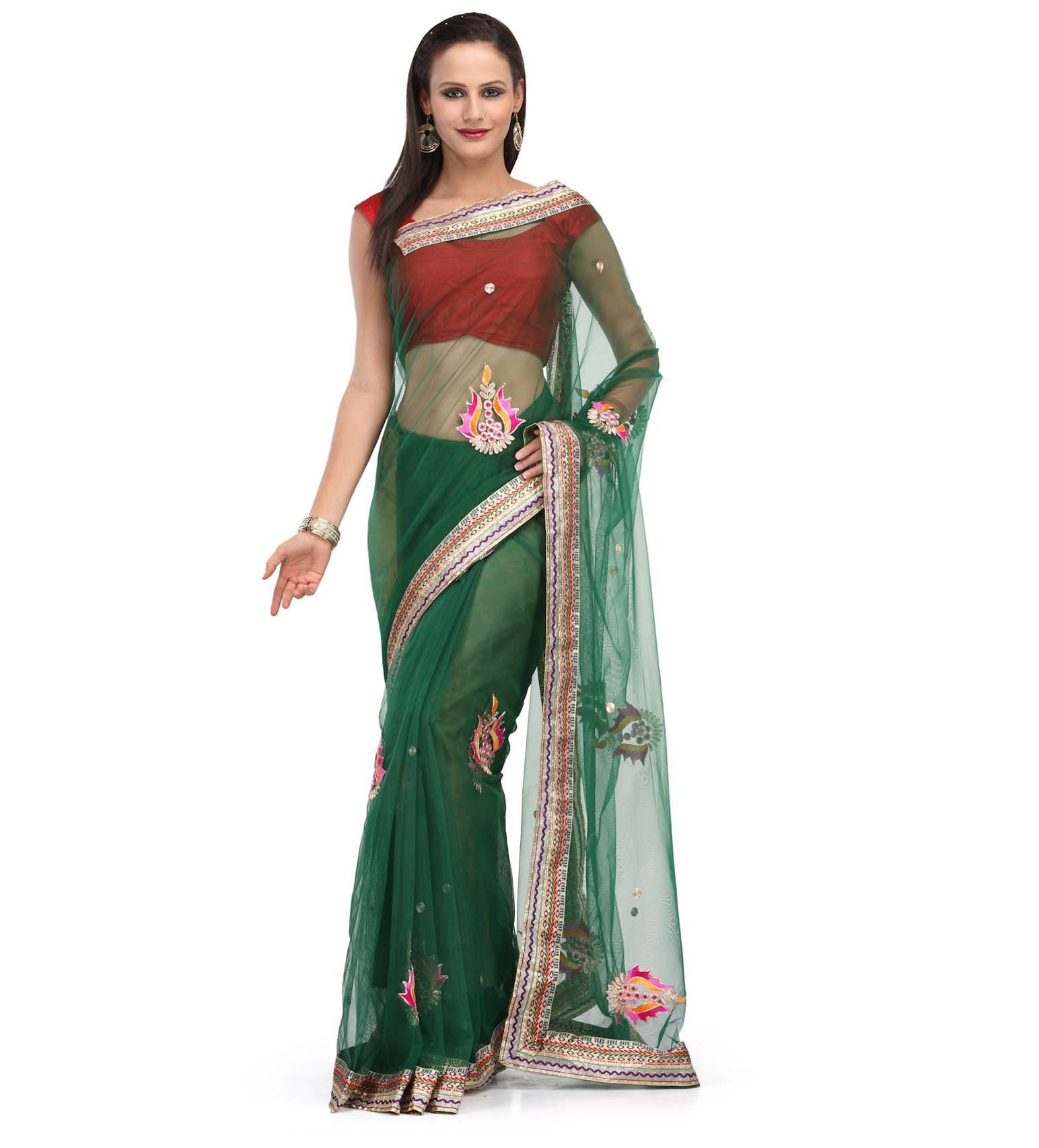 Green Net Saree with Brocade Border