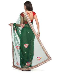 Green Net Saree with Brocade Border