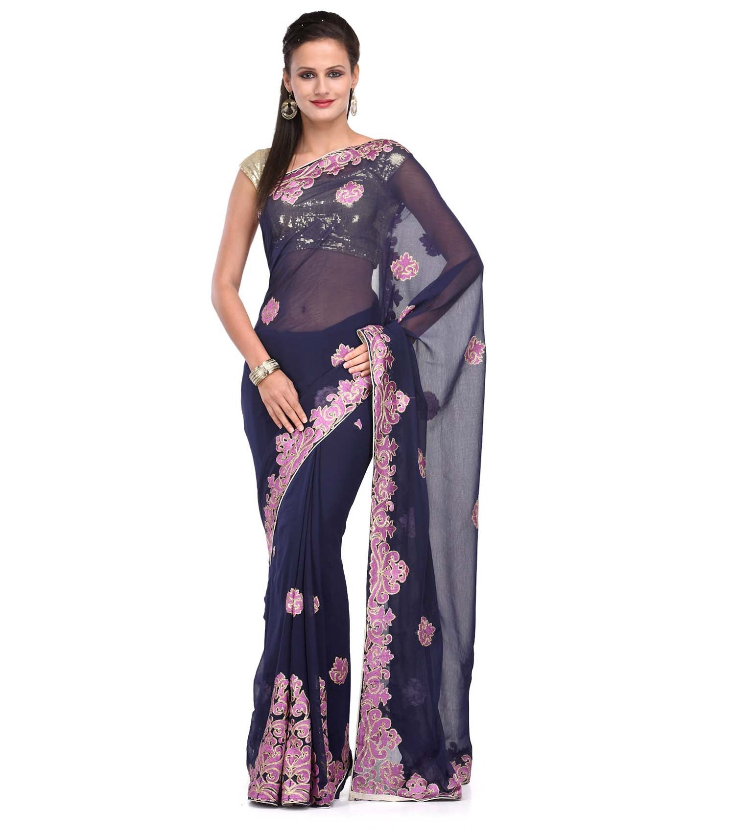 Navy Blue Faux Georgette Saree