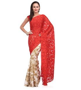 Red & Beige Net Saree