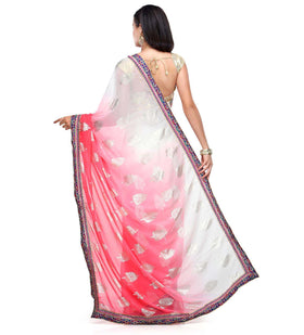 Off White & Salmon Faux Chiffon Saree