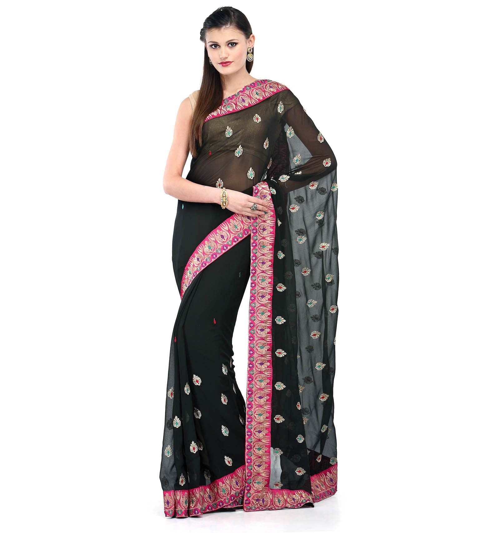 Black Faux Georgette Saree