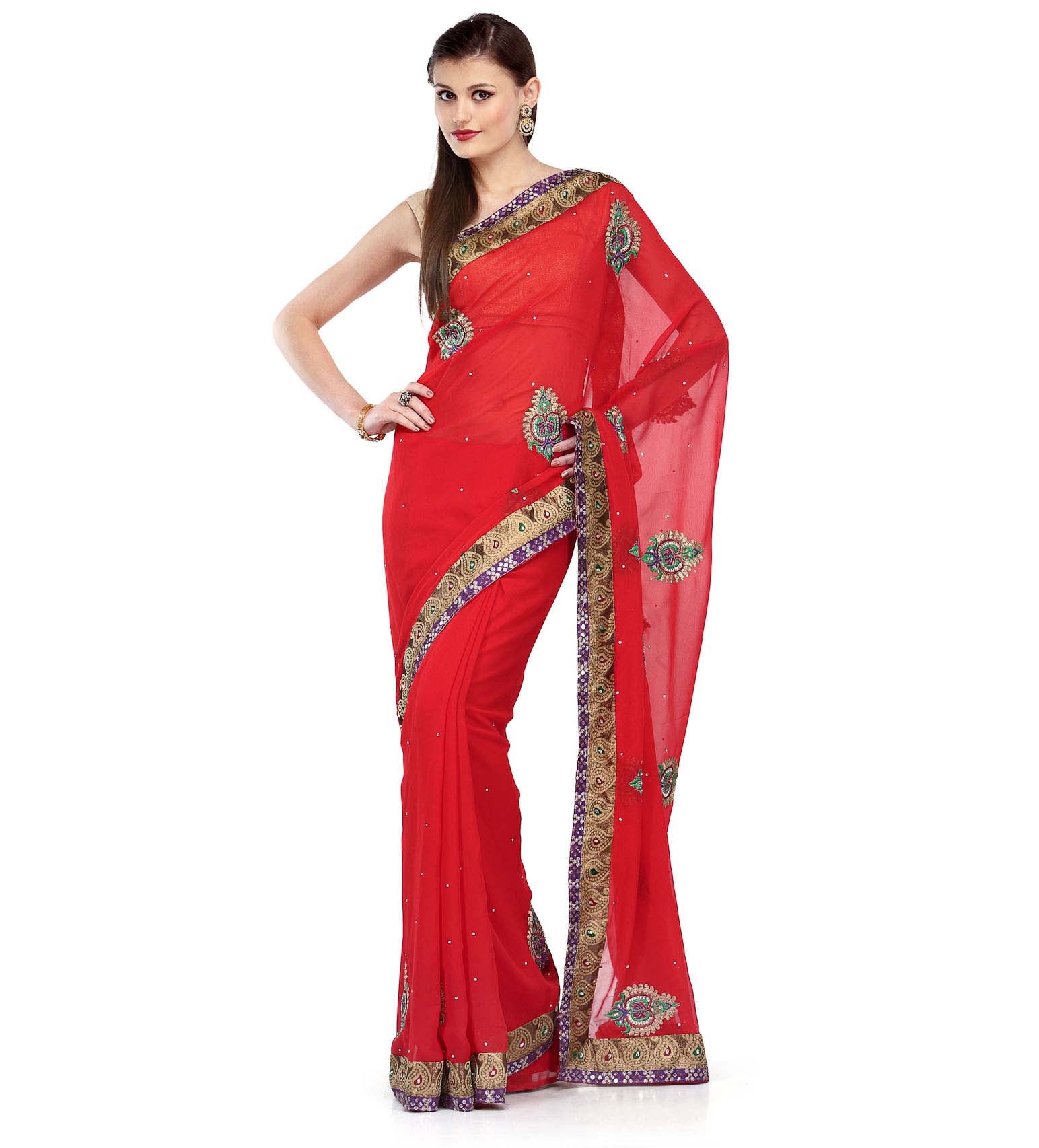 Red Faux Georgette Saree