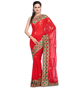 Red Faux Georgette Saree