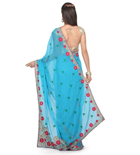 Turquoise Faux Georgette Saree