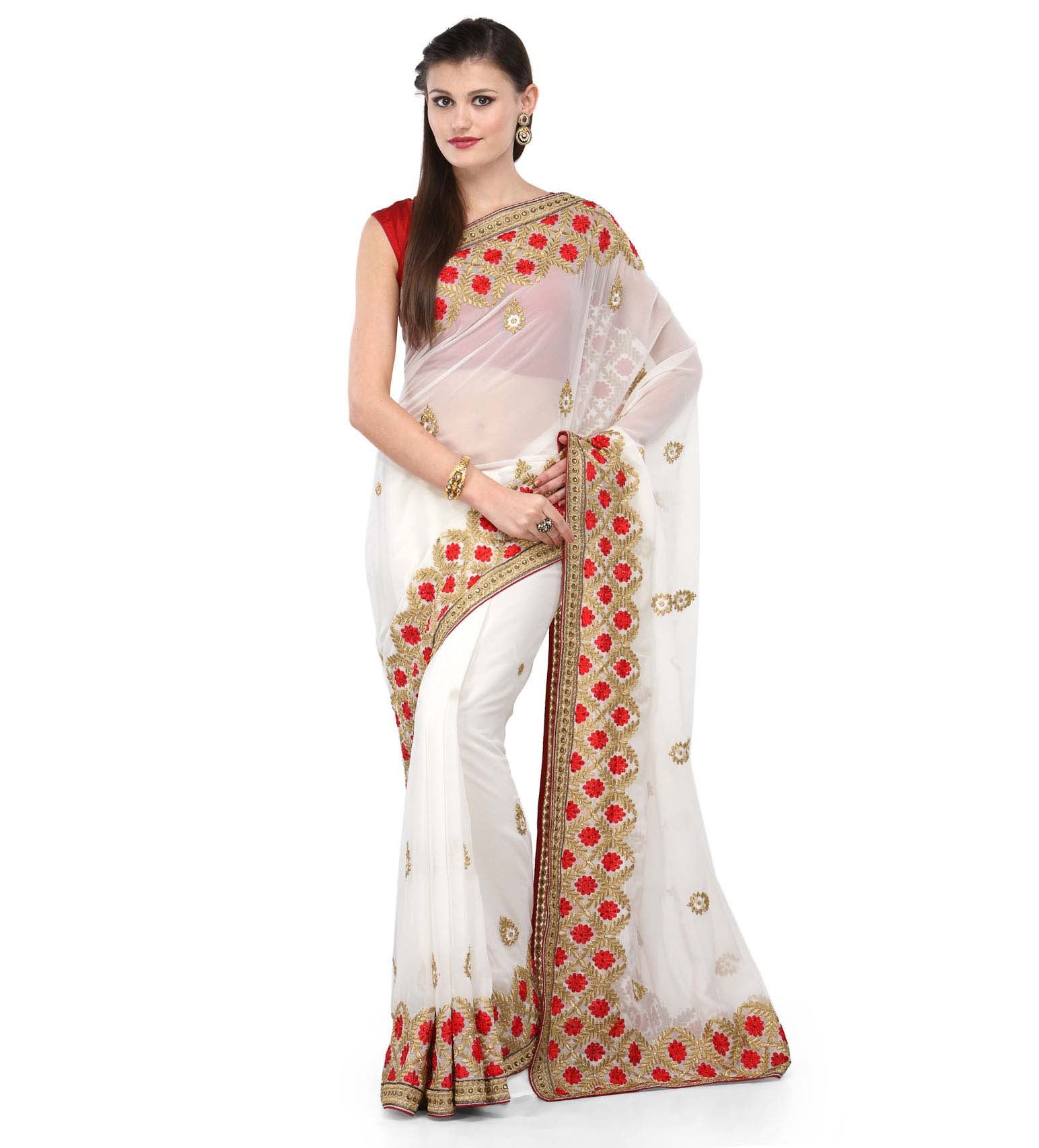 Off White Faux Georgette Saree