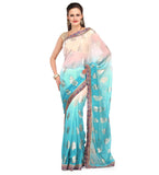 Off White & Turquoise Faux Chiffon Saree