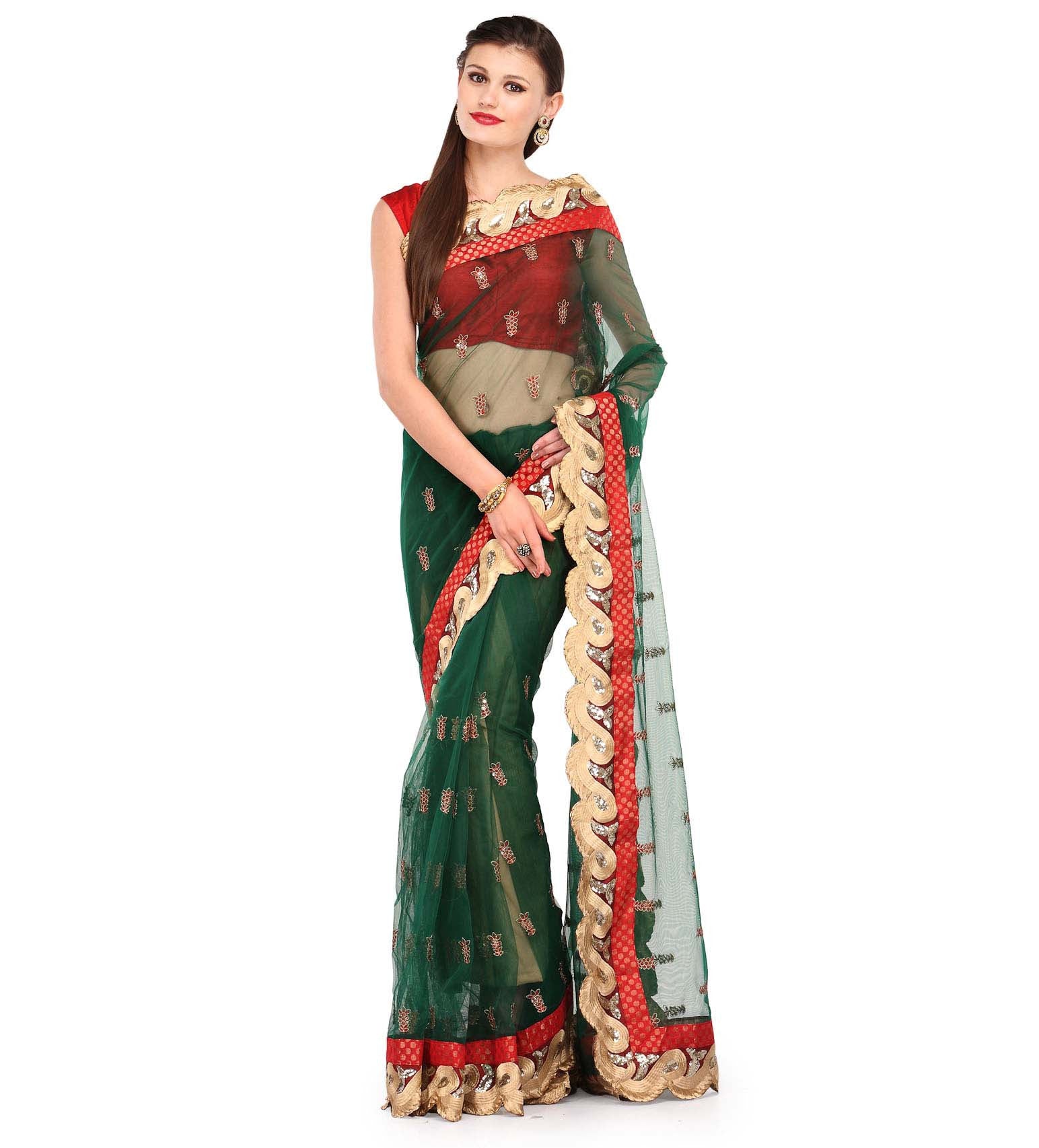 Green Net Saree with Sequin Border