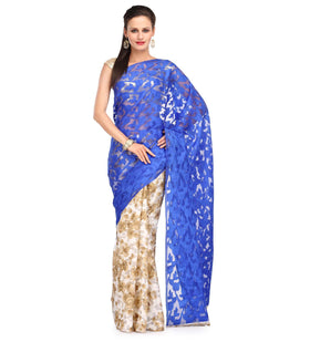 Royal Blue & Off White Net Saree