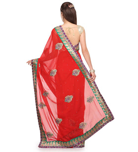 Red Faux Georgette Saree