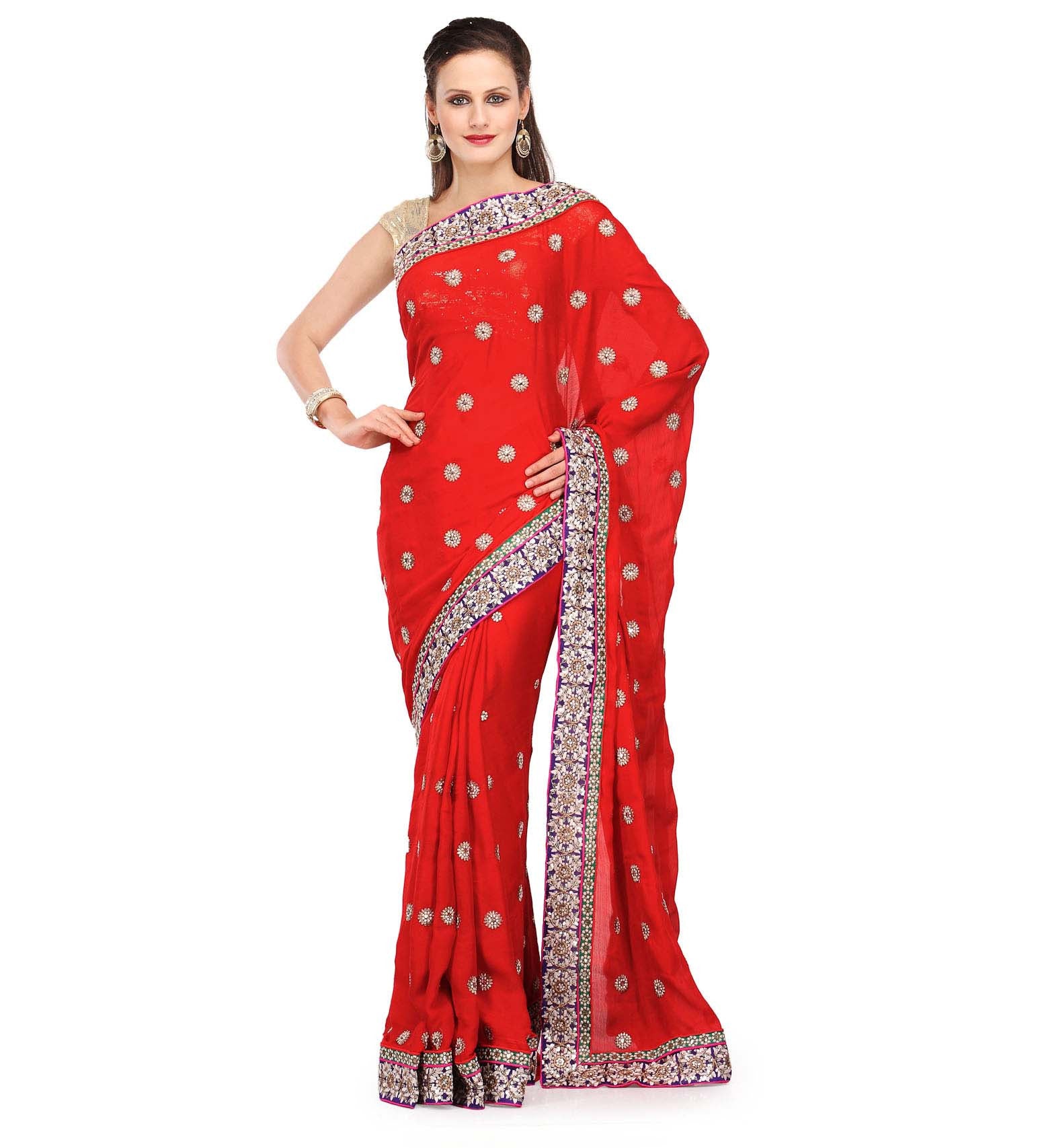 Red Faux Chiffon Saree with Zari Border