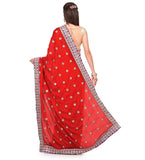 Red Faux Chiffon Saree with Zari Border