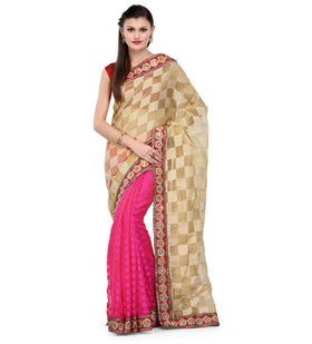 Beige & Magenta Net Saree